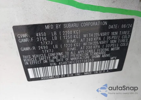 2025 Subaru Outback Premium from USA, damaged, VIN 4S4BTAFC2S3138353